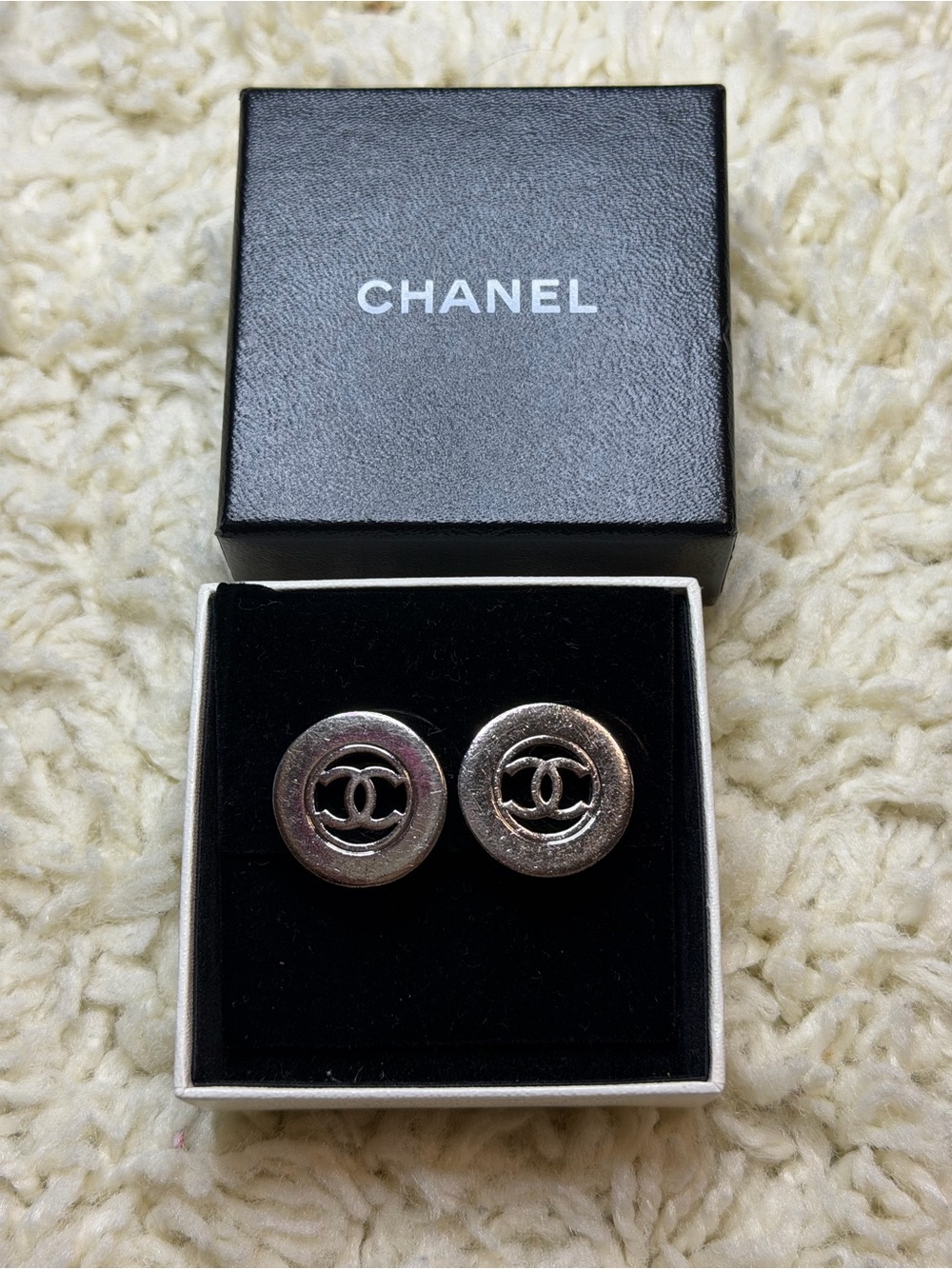 Authentic CHANEL Vintage Silver CC Logo Clip-On Earrings w/ Box & Legitmark COA